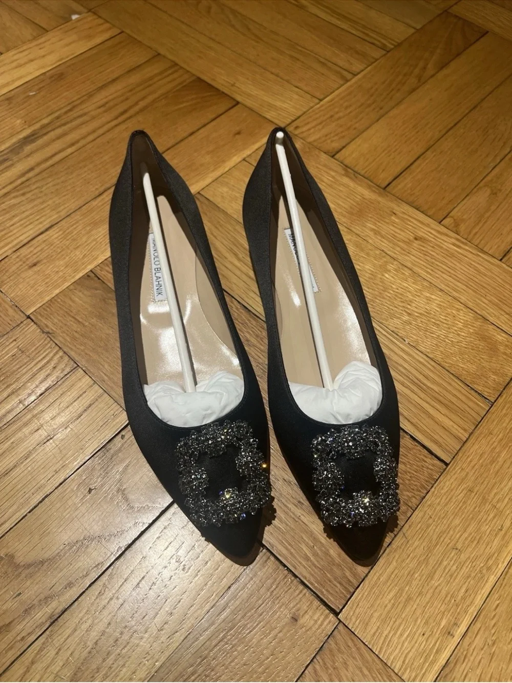 New Manolo Blahnik Hangisi Embellished Black Satin Flats 40